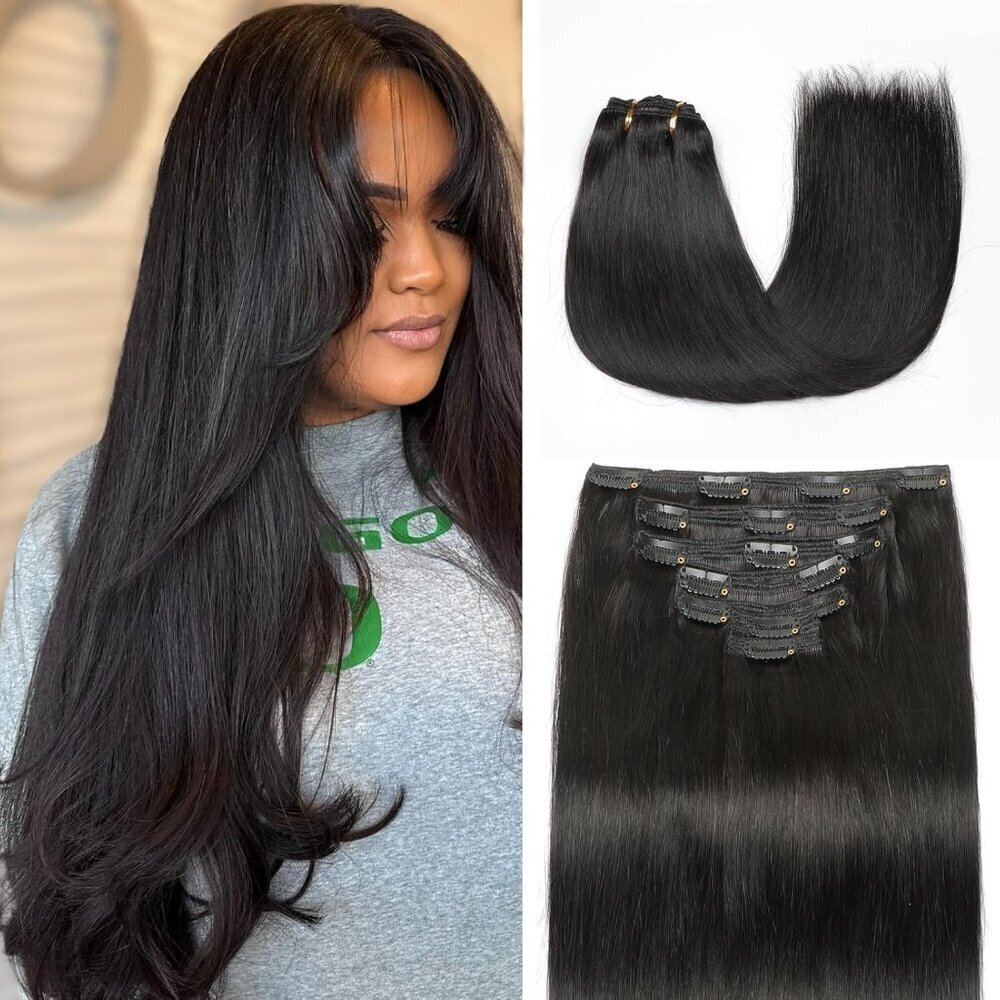 Clip in Hair Extensions Human Hair Black 14 Inch 7pcs Thick Natural